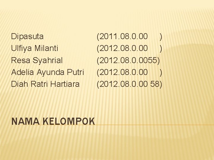 Dipasuta Ulfiya Milanti Resa Syahrial Adelia Ayunda Putri Diah Ratri Hartiara NAMA KELOMPOK (2011.