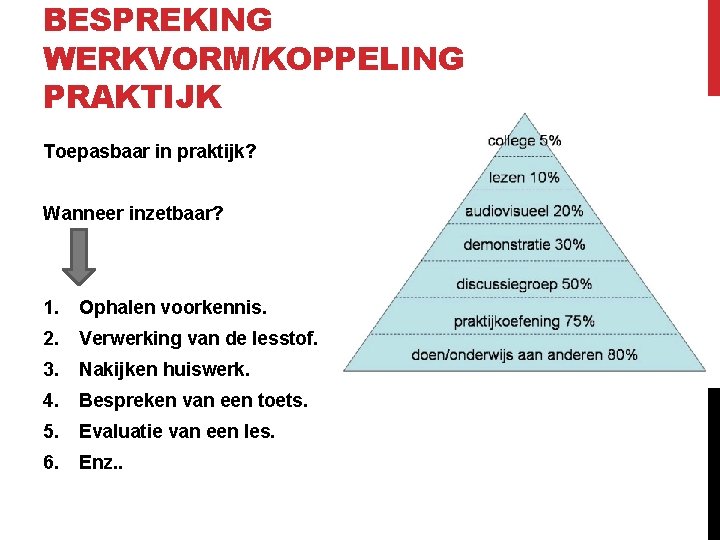 BESPREKING WERKVORM/KOPPELING PRAKTIJK Toepasbaar in praktijk? Wanneer inzetbaar? 1. Ophalen voorkennis. 2. Verwerking van BESPREKING WERKVORM/KOPPELING PRAKTIJK Toepasbaar in praktijk? Wanneer inzetbaar? 1. Ophalen voorkennis. 2. Verwerking van
