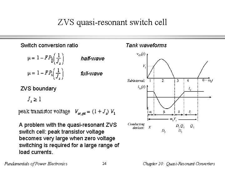 ZVS quasi-resonant switch cell Switch conversion ratio Tank waveforms half-wave full-wave ZVS boundary A