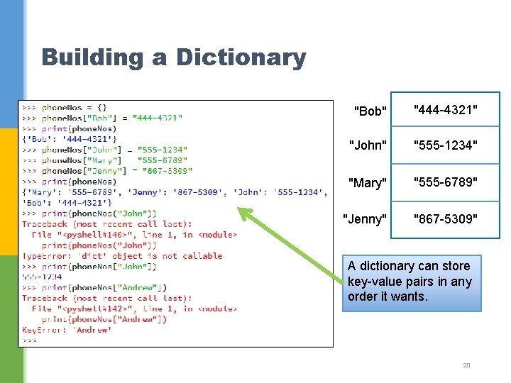 Building a Dictionary "Bob" "444 -4321" "John" "555 -1234" "Mary" "555 -6789" "Jenny" "867