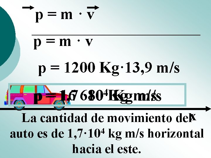 p=m·v p = 1200 Kg· 13, 9 m/s 4 p = 16 680 p p=m·v p = 1200 Kg· 13, 9 m/s 4 p = 16 680 p