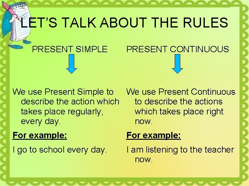 LET’S TALK ABOUT THE RULES PRESENT SIMPLE PRESENT CONTINUOUS We use Present Simple to