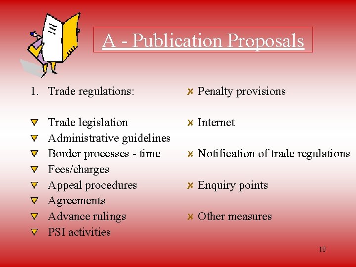 A - Publication Proposals 1. Trade regulations: Trade legislation Administrative guidelines Border processes -