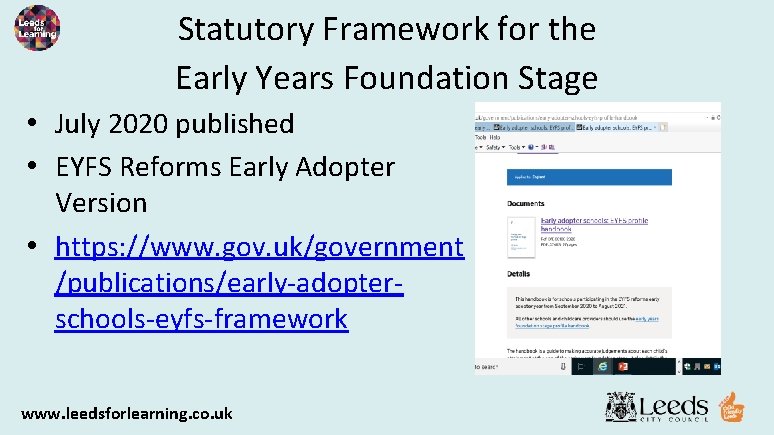 Statutory Framework for the Early Years Foundation Stage • July 2020 published • EYFS