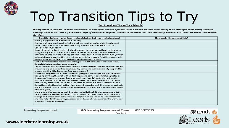 Top Transition Tips to Try www. leedsforlearning. co. uk 