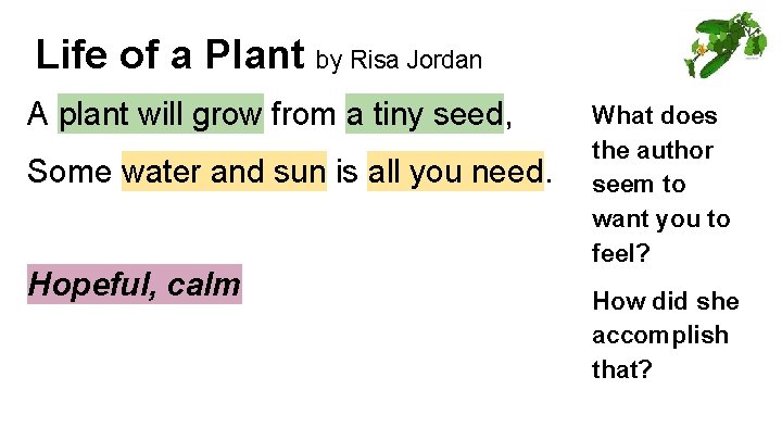 Life of a Plant by Risa Jordan A plant will grow from a tiny