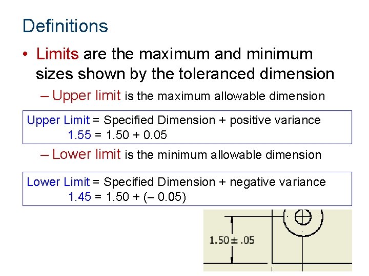 Definitions • Limits are the maximum and minimum sizes shown by the toleranced dimension