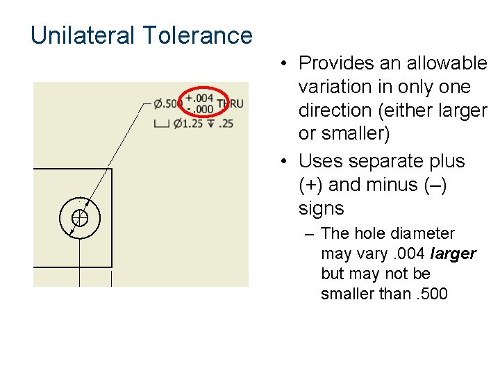 Unilateral Tolerance • Provides an allowable variation in only one direction (either larger or