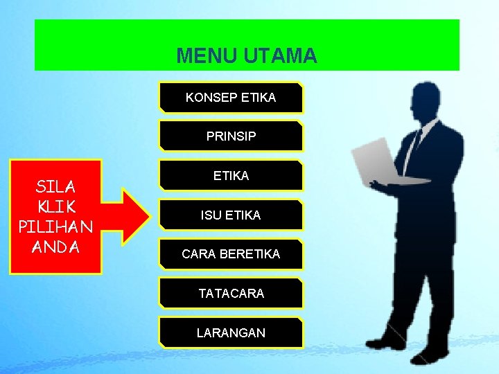 MENU UTAMA KONSEP ETIKA PRINSIP SILA KLIK PILIHAN ANDA ETIKA ISU ETIKA CARA BERETIKA