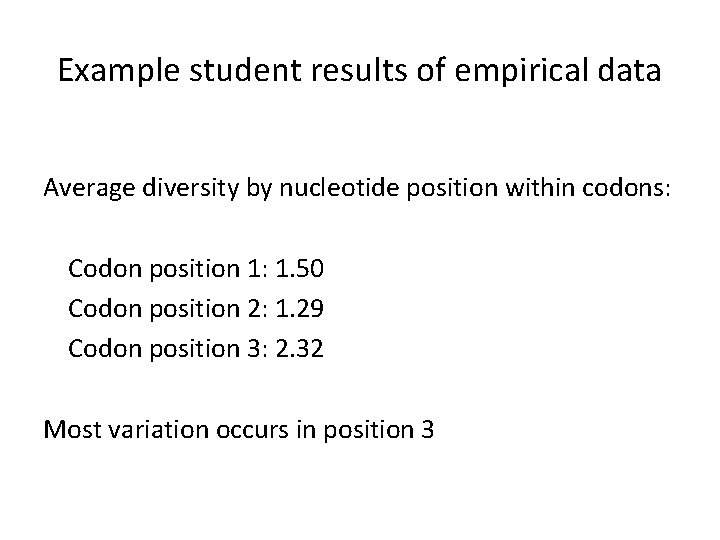 Example student results of empirical data Average diversity by nucleotide position within codons: Codon