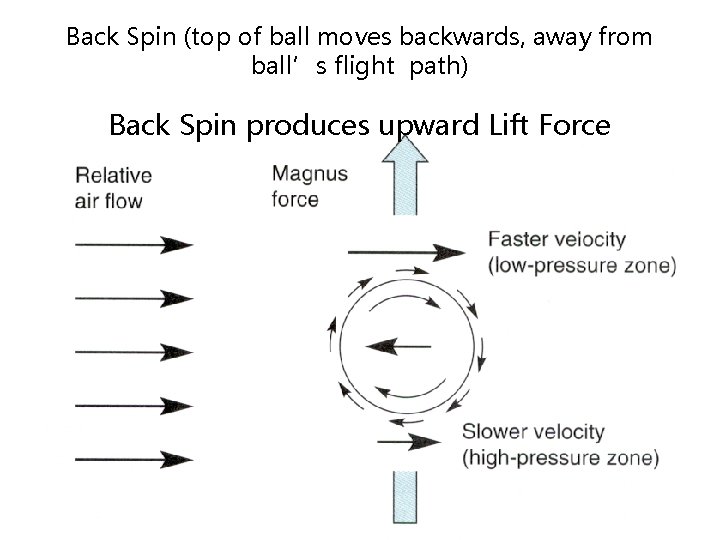 Back Spin (top of ball moves backwards, away from ball’s flight path) Back Spin