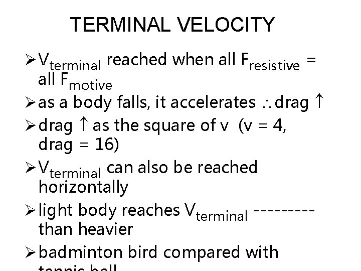 TERMINAL VELOCITY Ø Vterminal reached when all Fresistive = all Fmotive Ø as a