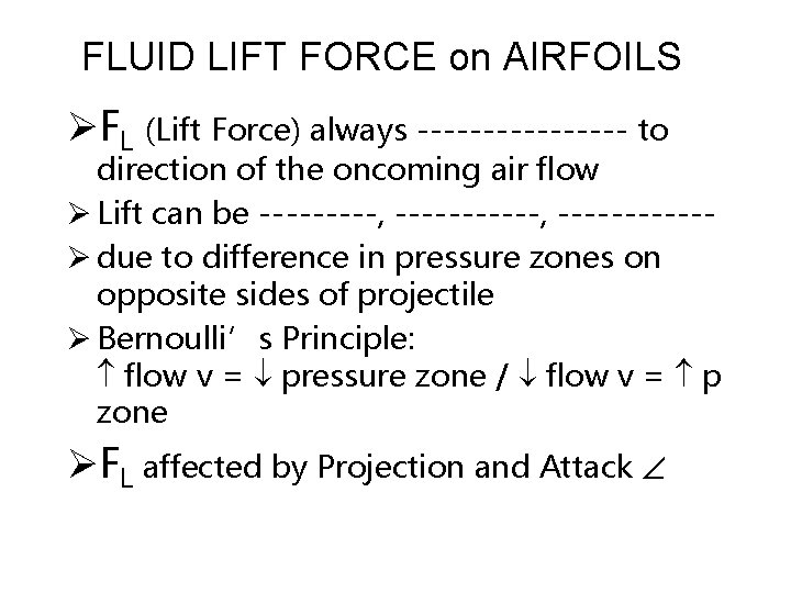 FLUID LIFT FORCE on AIRFOILS ØFL (Lift Force) always -------- to direction of the