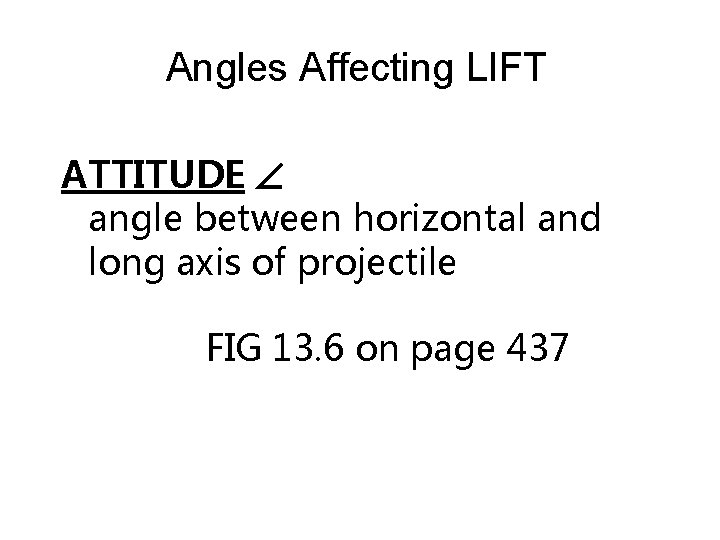 Angles Affecting LIFT ATTITUDE angle between horizontal and long axis of projectile FIG 13.