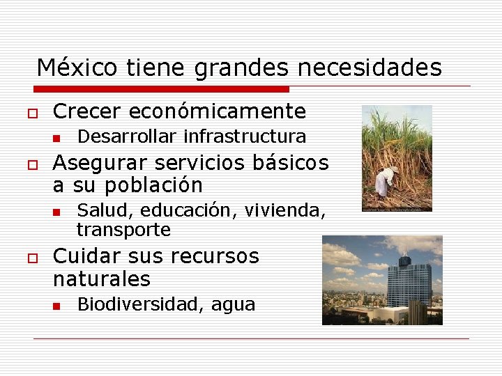 México tiene grandes necesidades o Crecer económicamente n o Asegurar servicios básicos a su