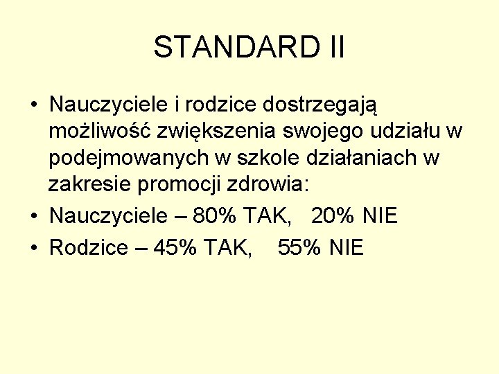 STANDARD II • Nauczyciele i rodzice dostrzegają możliwość zwiększenia swojego udziału w podejmowanych w