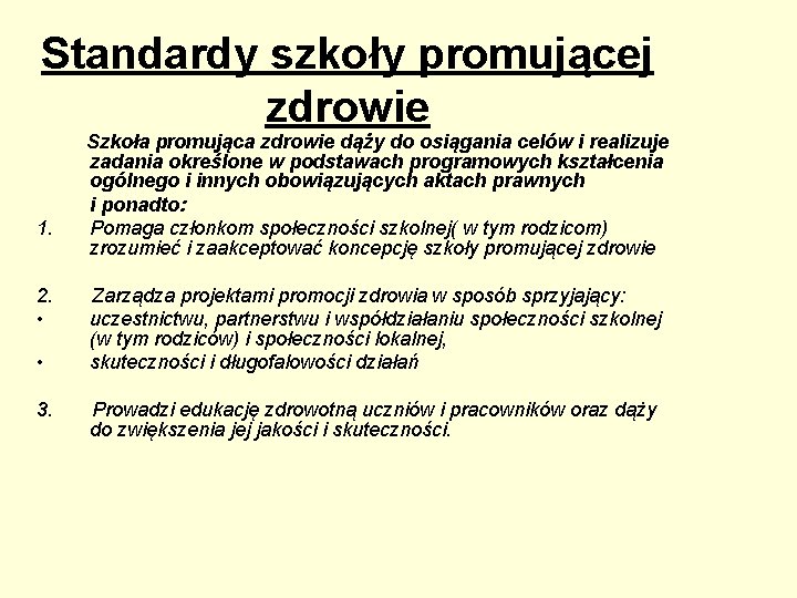 Standardy szkoły promującej zdrowie 1. 2. • • 3. Szkoła promująca zdrowie dąży do