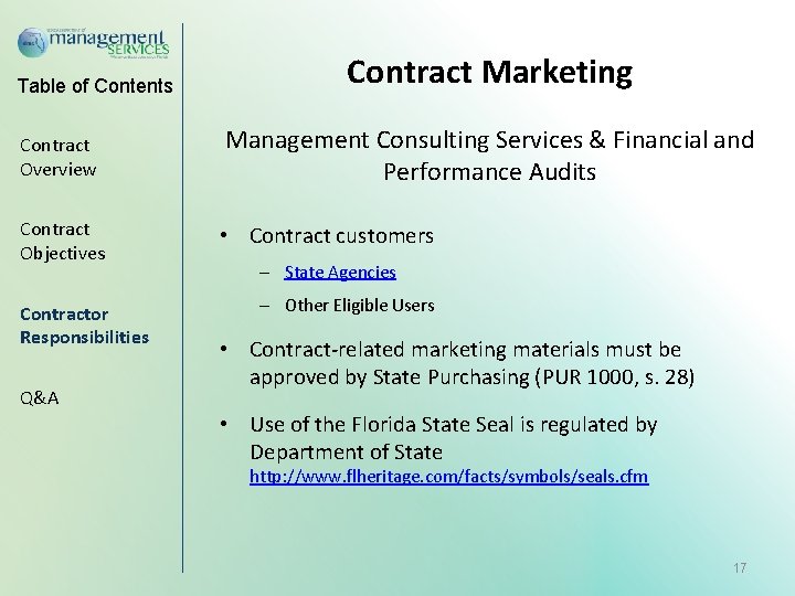 Table of Contents Contract Marketing Contract Overview Management Consulting Services & Financial and Performance