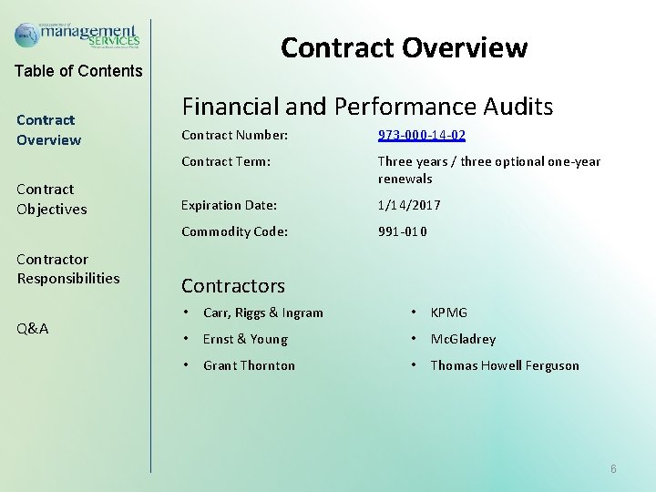 Contract Overview Table of Contents Contract Overview Contract Objectives Contractor Responsibilities Q&A Financial and