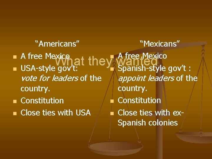  “Mexicans” “Americans” A free Mexico What they wanted Spanish-style gov’t : USA-style gov’t:
