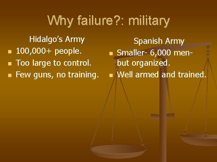 Why failure? : military Hidalgo’s Army 100, 000+ people. Too large to control. Few