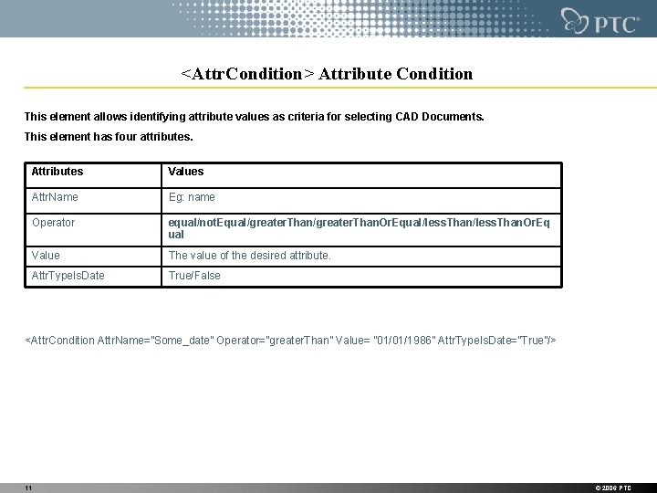 <Attr. Condition> Attribute Condition This element allows identifying attribute values as criteria for selecting <Attr. Condition> Attribute Condition This element allows identifying attribute values as criteria for selecting