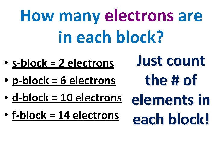 How many electrons are in each block? • • s-block = 2 electrons p-block