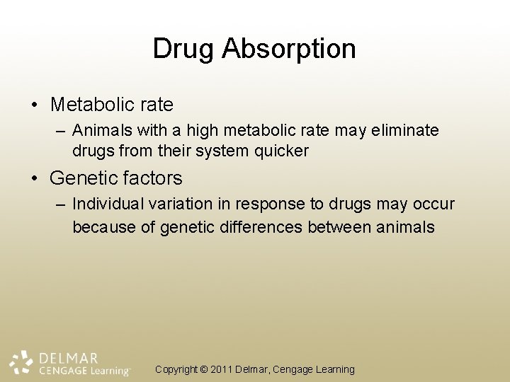 Drug Absorption • Metabolic rate – Animals with a high metabolic rate may eliminate