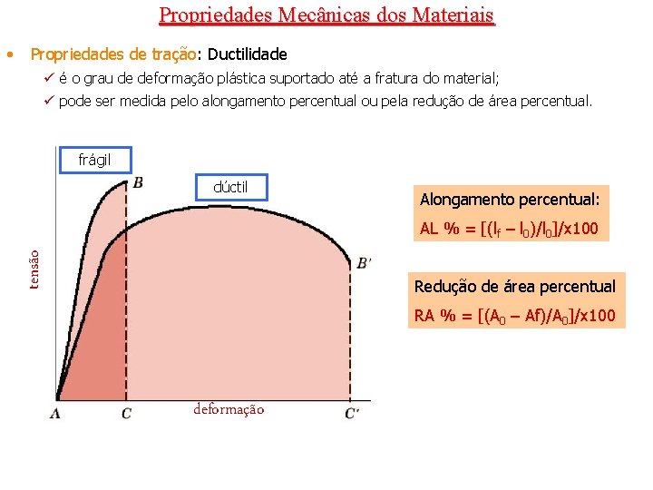 Propriedades Mecânicas dos Materiais Propriedades de tração: Ductilidade ü é o grau de deformação Propriedades Mecânicas dos Materiais Propriedades de tração: Ductilidade ü é o grau de deformação