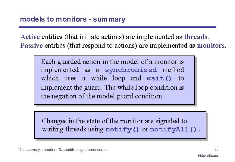 models to monitors - summary Active entities (that initiate actions) are implemented as threads.