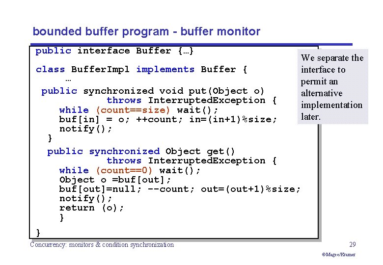 bounded buffer program - buffer monitor public interface Buffer {…} class Buffer. Impl implements