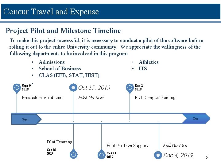 Concur Travel and Expense Project Pilot and Milestone Timeline To make this project successful, Concur Travel and Expense Project Pilot and Milestone Timeline To make this project successful,