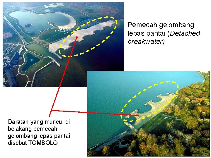 Pemecah gelombang lepas pantai (Detached breakwater) Daratan yang muncul di belakang pemecah gelombang lepas