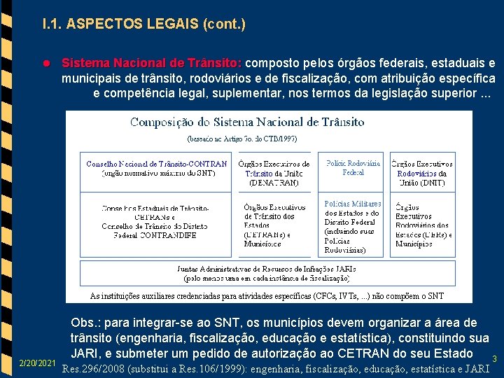 I. 1. ASPECTOS LEGAIS (cont. ) l Sistema Nacional de Trânsito: composto pelos órgãos