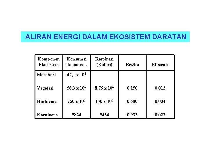 ALIRAN ENERGI DALAM EKOSISTEM DARATAN Komponen Ekosistem Konsumsi dalam cal. Respirasi (Kalori) Res/ha Efisiensi