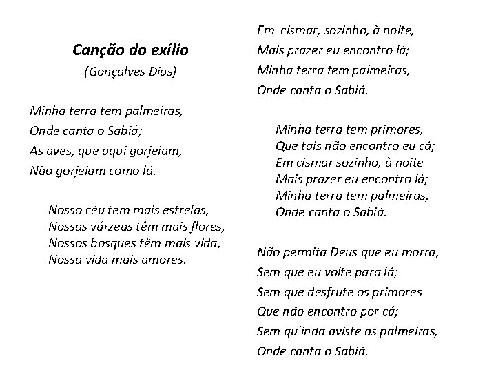 Canção do exílio (Gonçalves Dias) Minha terra tem palmeiras, Onde canta o Sabiá; As