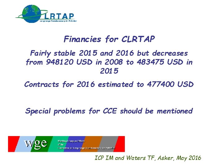 Financies for CLRTAP Fairly stable 2015 and 2016 but decreases from 948120 USD in