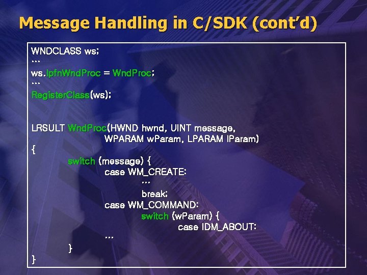 Message Handling in C/SDK (cont’d) WNDCLASS ws; … ws. lpfn. Wnd. Proc = Wnd.