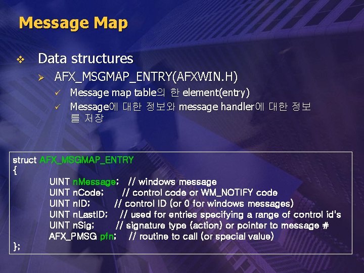 Message Map v Data structures Ø AFX_MSGMAP_ENTRY(AFXWIN. H) ü ü Message map table의 한