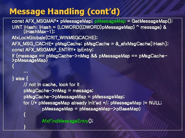 Message Handling (cont’d) const AFX_MSGMAP* p. Message. Map; p. Message. Map = Get. Message.