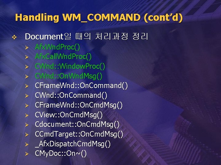 Handling WM_COMMAND (cont’d) v Document일 때의 처리과정 정리 Ø Ø Ø Afx. Wnd. Proc()