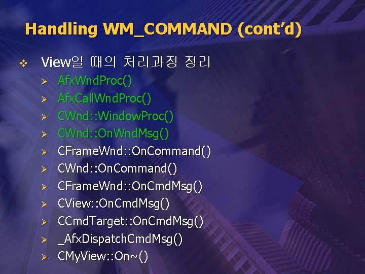 Handling WM_COMMAND (cont’d) v View일 때의 처리과정 정리 Ø Ø Ø Afx. Wnd. Proc()