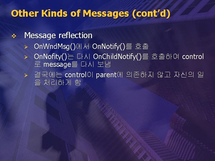 Other Kinds of Messages (cont’d) v Message reflection Ø Ø Ø On. Wnd. Msg()에서