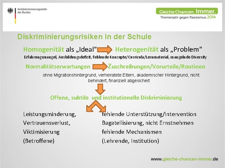 Diskriminierungsrisiken in der Schule Homogenität als „Ideal“ Heterogenität als „Problem“ Erfahrungsmangel, Ausbildungsdefizit, fehlende Konzepte/Curricula/Lernmaterial,