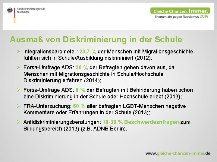 Ausmaß von Diskriminierung in der Schule Ø Integrationsbarometer: 23, 7 % der Menschen mit