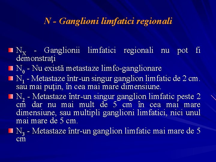 N - Ganglioni limfatici regionali NX - Ganglionii limfatici regionali nu pot fi demonstraţi