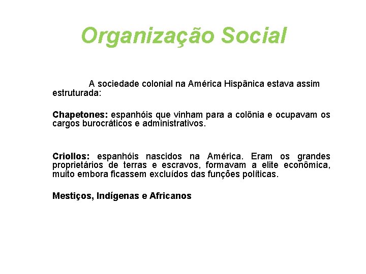 Organização Social A sociedade colonial na América Hispânica estava assim estruturada: Chapetones: espanhóis que