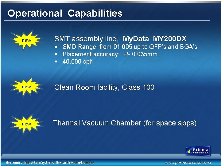 Operational Capabilities new SMT assembly line, My. Data MY 200 DX new Clean Room