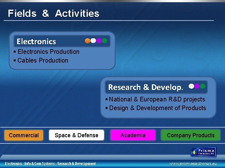 Fields & Activities Electronics § Electronics Production § Cables Production Research & Develop. §