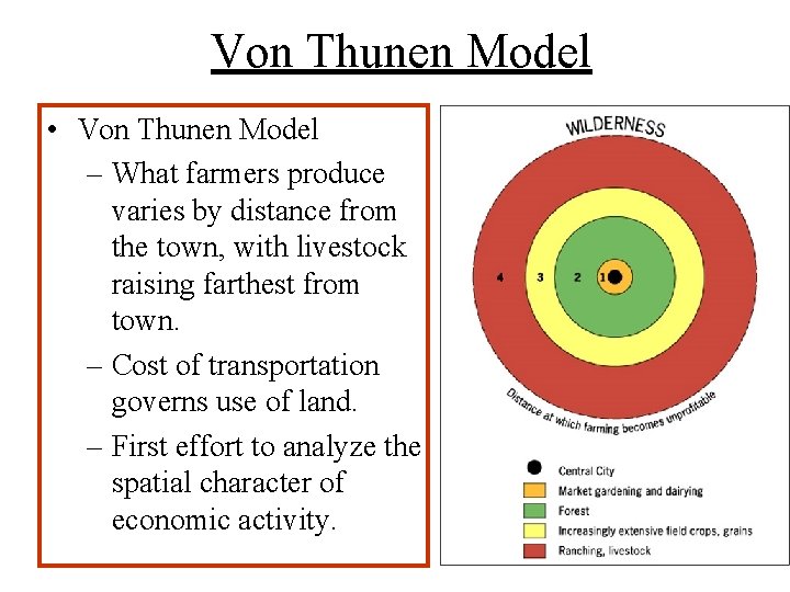 Von Thunen Model • Von Thunen Model – What farmers produce varies by distance